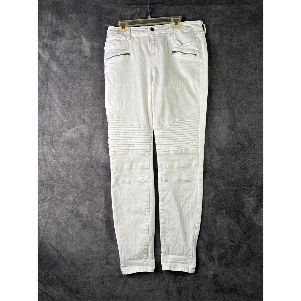 Cello Jeans Womens 11 White Moto Biker Skinny Ribbed Knee Zip Pocket Stretch